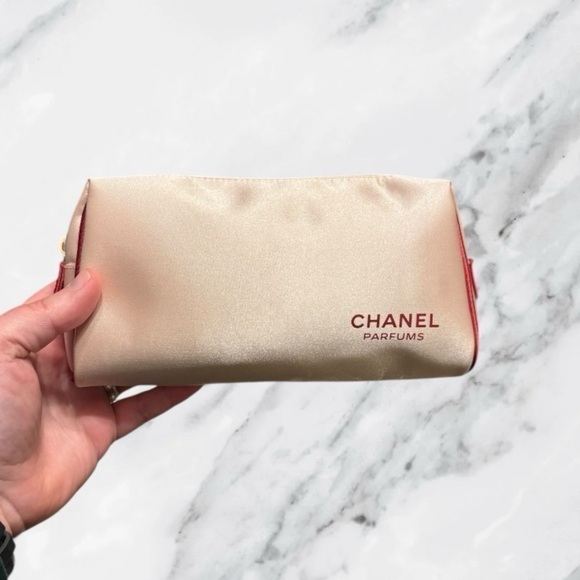 Chanel Parfums Cosmetic Bag Travel Makeup Pouch Cream Beige Peach - Picture 6 of 11